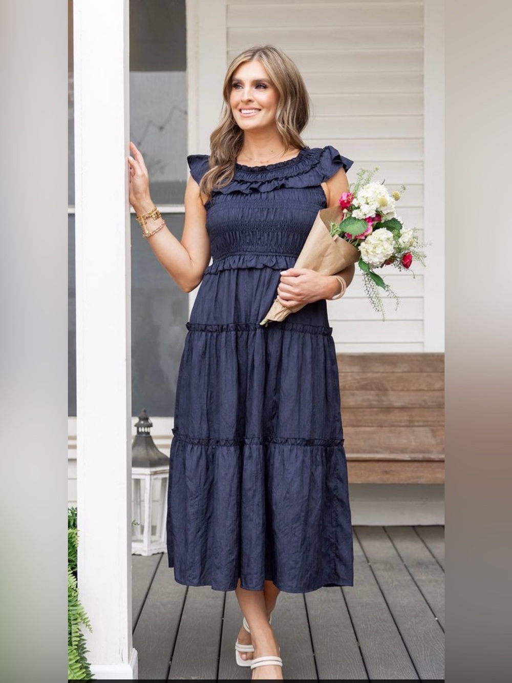 NWOT Avara Off-Shoulder Navy Blue Midi Dress with Ruffled Neckline